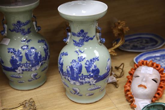 A pair of Chinese underglaze blue and white slip celadon glazed vases, H.35cm